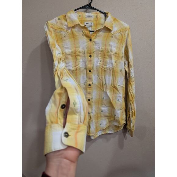 Yellow & white plaid cotton collared button up Western style shirt by Ariat, S - Picture 3 of 9